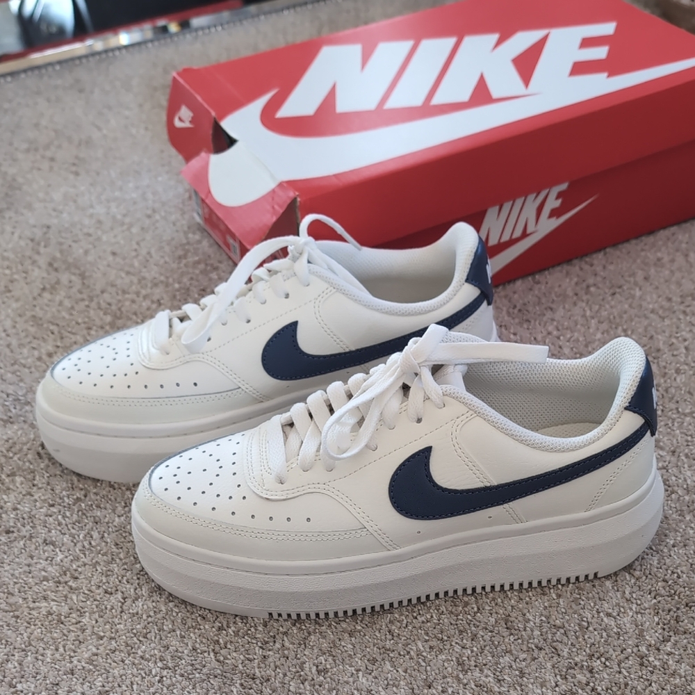 Nike Women's Court Vision ALTA White and Navy Sneakers